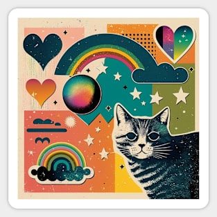 Retro Fun Kitty, Hearts, Stars and Rainbows Sticker